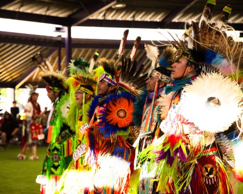 line up of native american men fancy dancers
